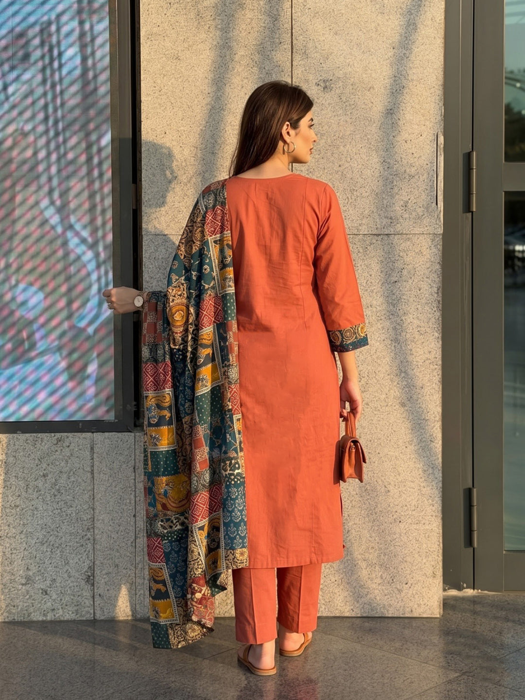 Rust Printed Cotton Blend Kurta With Pant &amp; Dupatta
