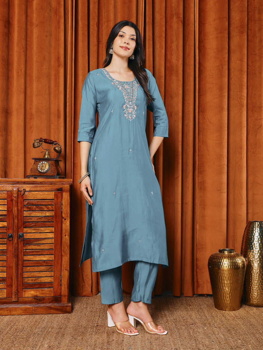 Embroidered Muslin Kurta With Pants &amp; Dupatta