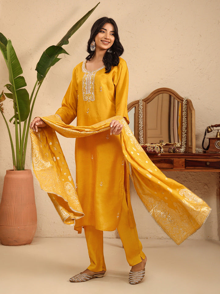 Embroidered Cotton Kurta With Pant &amp; Dupatta