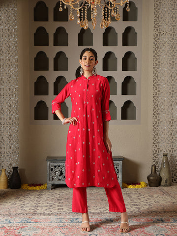 Zari Embroidery Cotton Blend Kurta With Pants