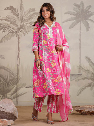 Floral Printed Cotton Blend Kurta With Pants & Dupatta