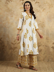 Neck Embroidery Cotton Blend Kurta With Pants & Dupatta