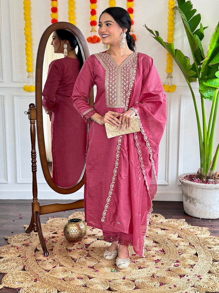 Neck Embroidery Cotton Blend Kurta With Pants &amp; Dupatta