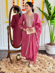 Neck Embroidery Cotton Blend Kurta With Pants & Dupatta