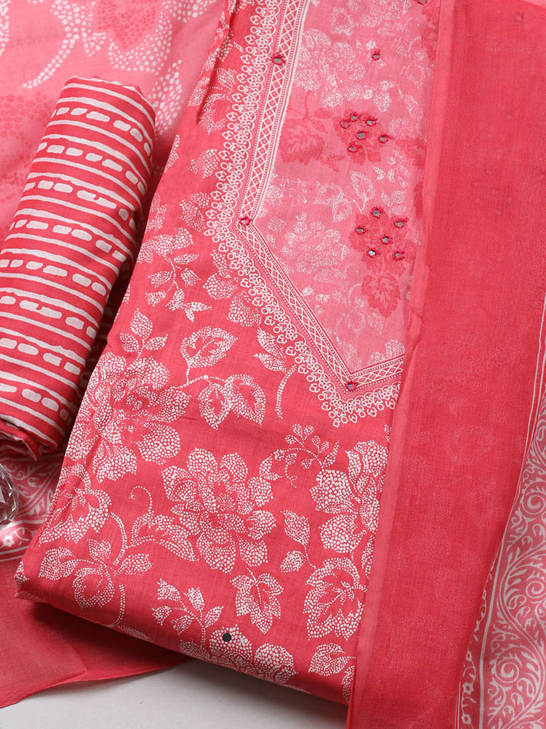 Printed Cotton Blend Unstitched Suit With Pant &amp; Dupatta