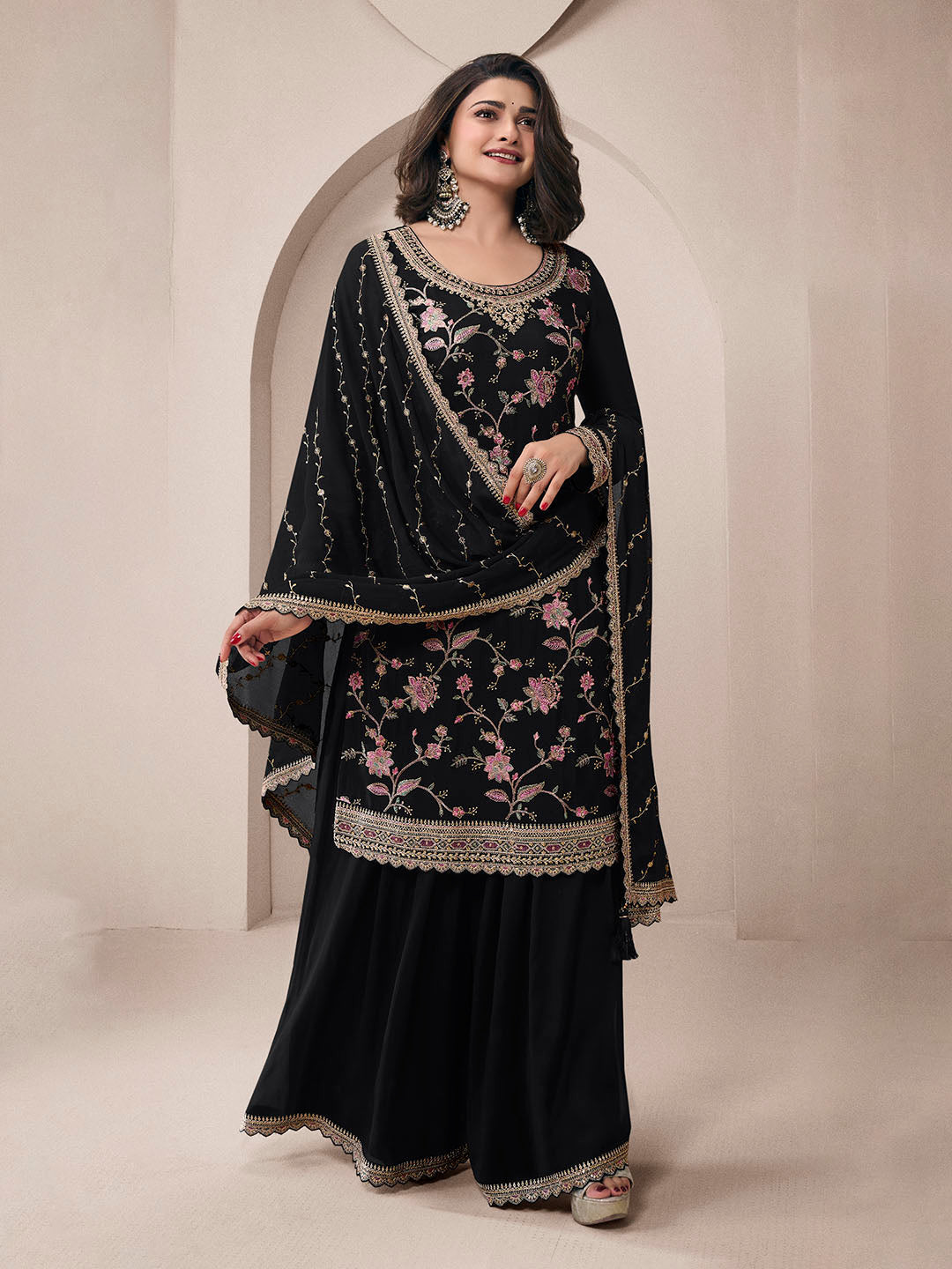 Embroidered Chinon Unstitched Suit With Pant &amp; Dupatta