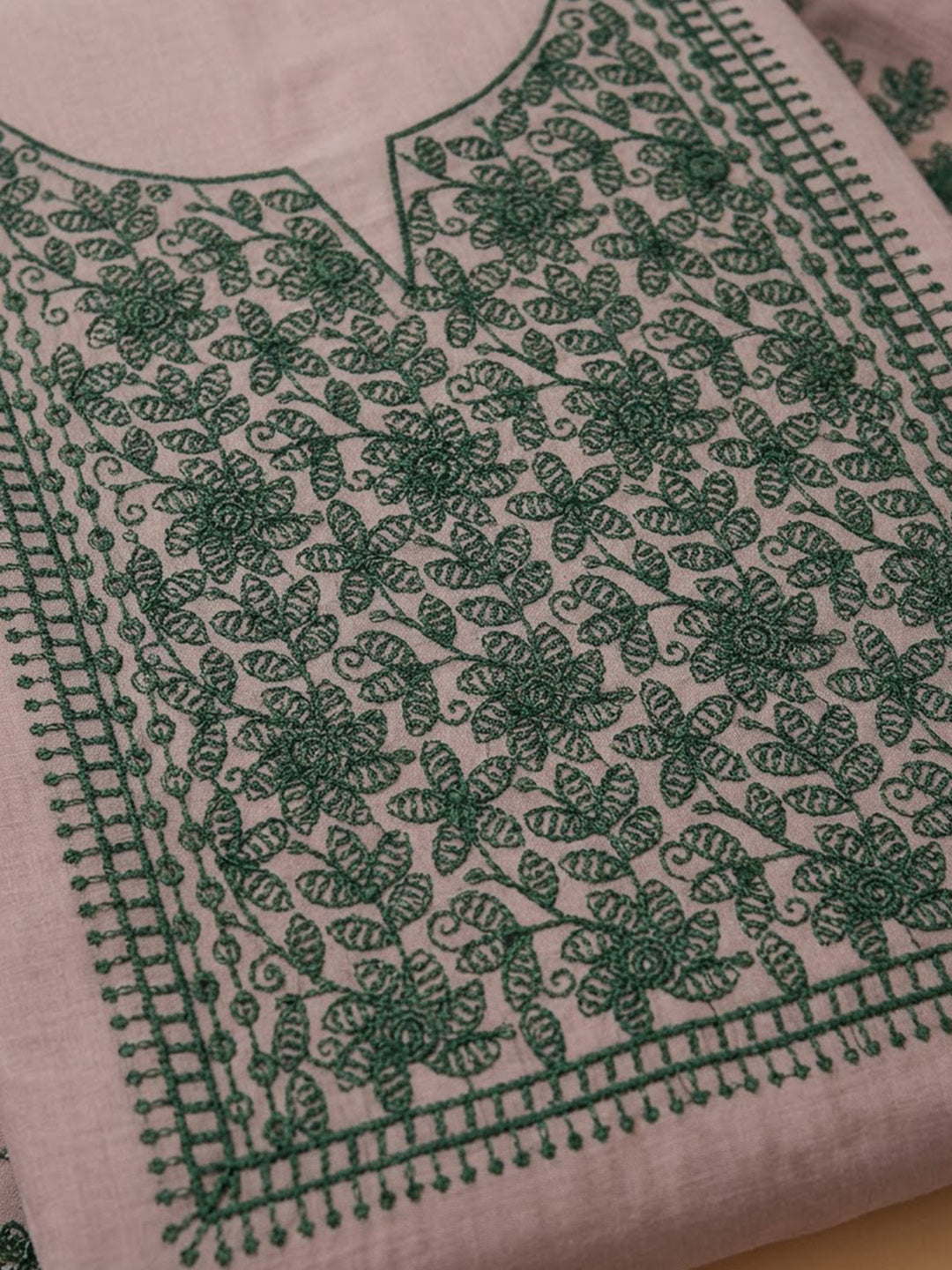 Beige Chanderi Embroidered Unstitched Dress Material