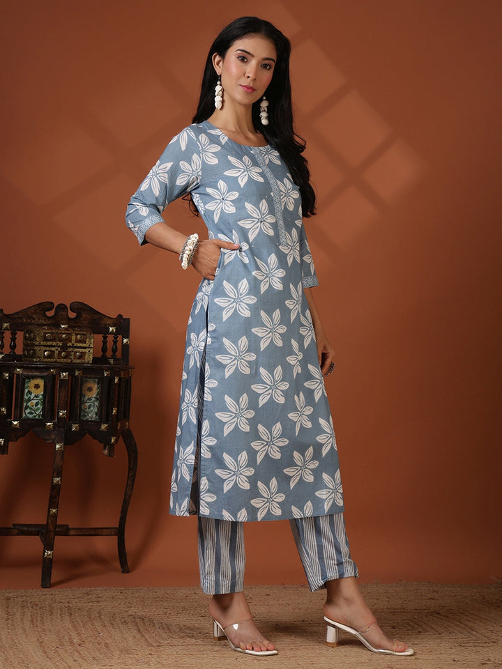 Printed Cotton Blend Kurta With Pant &amp; Dupatta