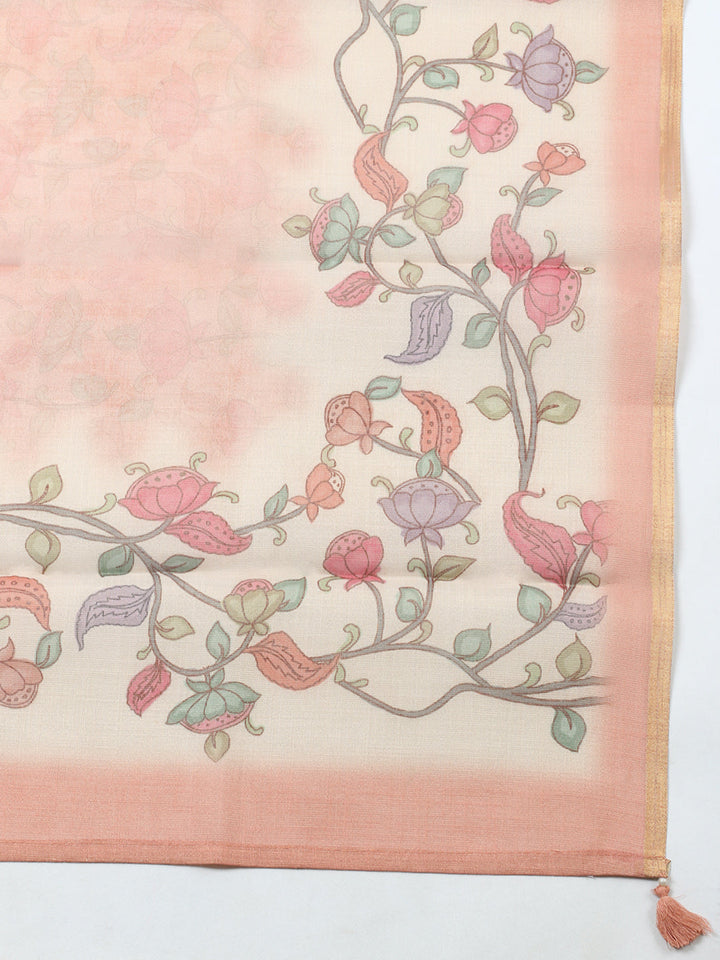 Printed Linen Blend Unstitched Suit With Pant &amp; Dupatta