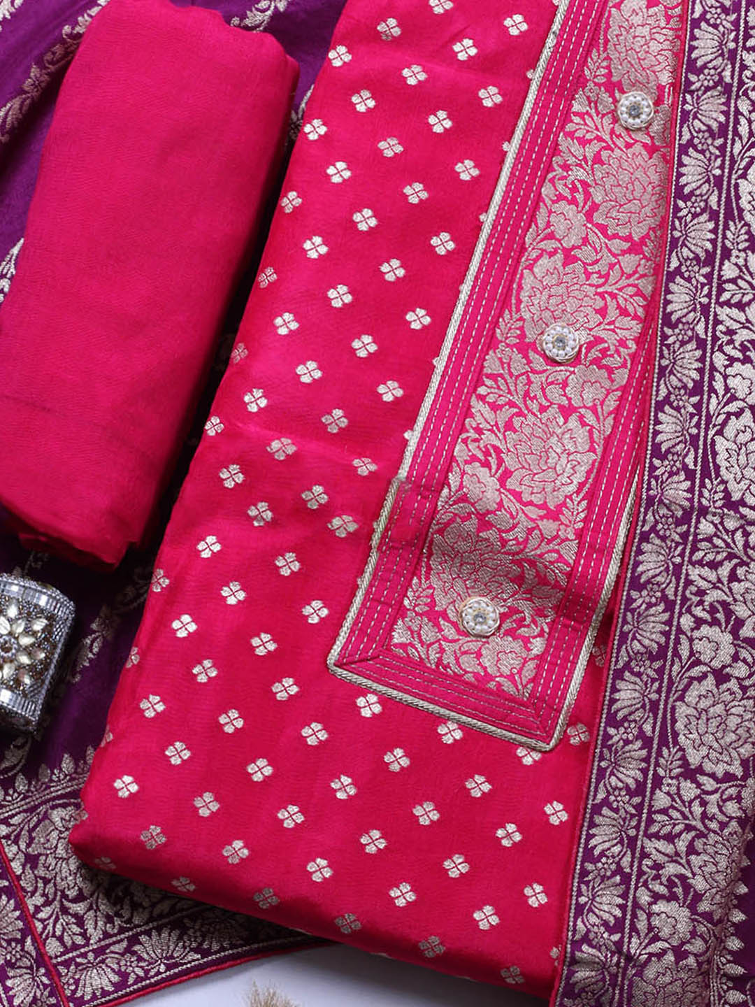 Woven Design Chanderi Unstitched Suit With Pant &amp; Dupatta