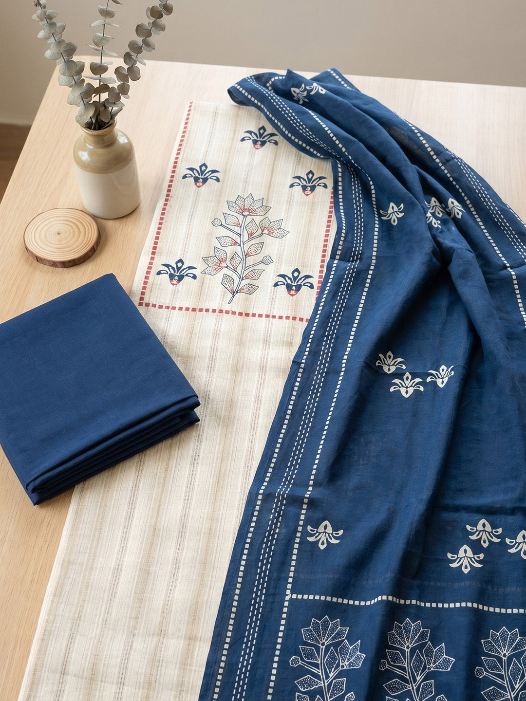 Printed Cotton Blend Unstitched Suit With Pant &amp; Dupatta