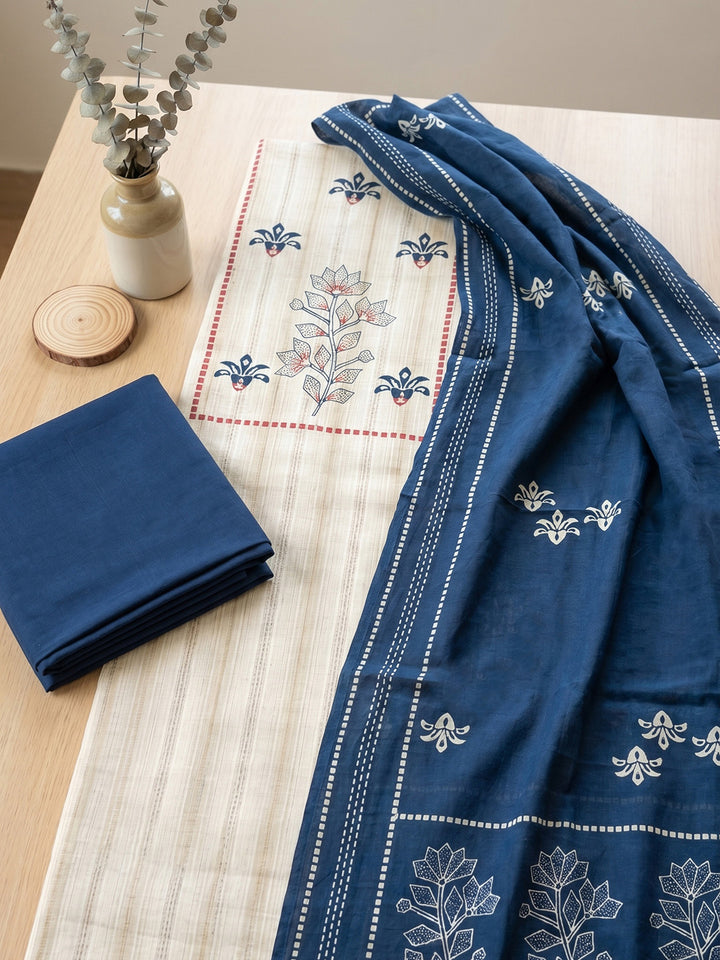 Printed Cotton Blend Unstitched Suit With Pant &amp; Dupatta