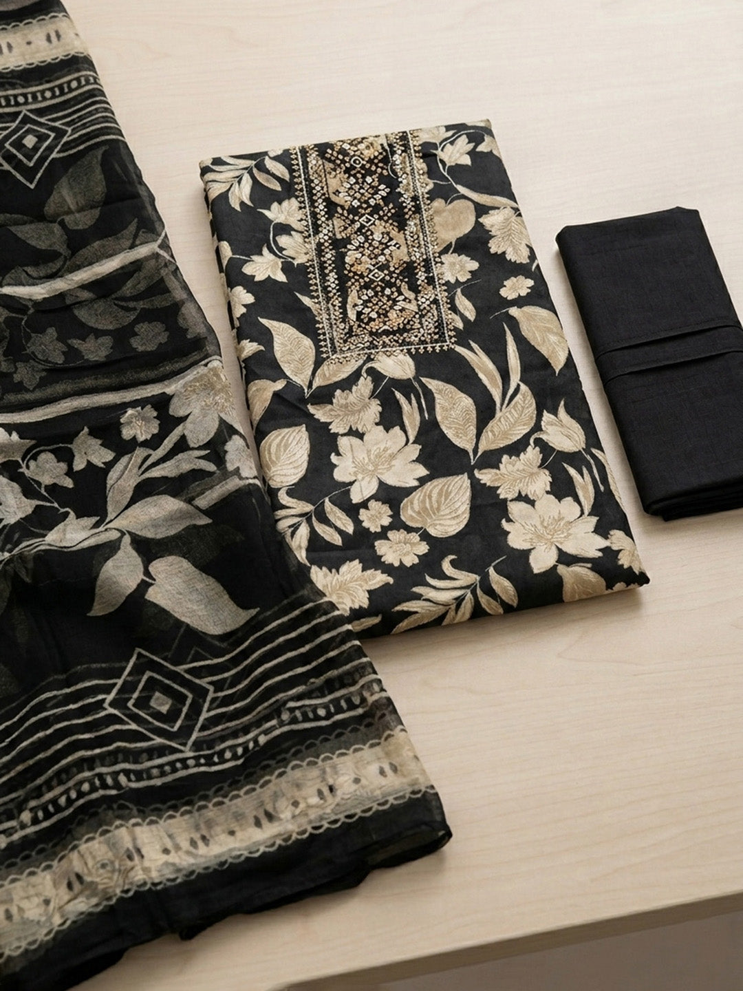 Printed Cotton Blend Unstitched Suit With Pant &amp; Dupatta