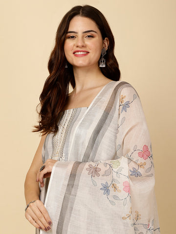 Striped Printed Linen Unstitched Suit Piece With Dupatta