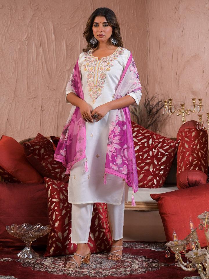 Neck Embroidery Cotton Blend Kurta With Pants &amp; Dupatta