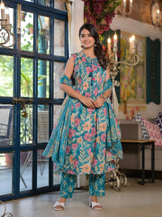 Printed Cotton Blend Kurta With Pants & Dupatta