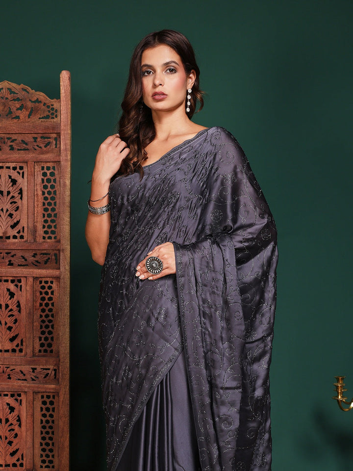 Embroidered Satin Saree