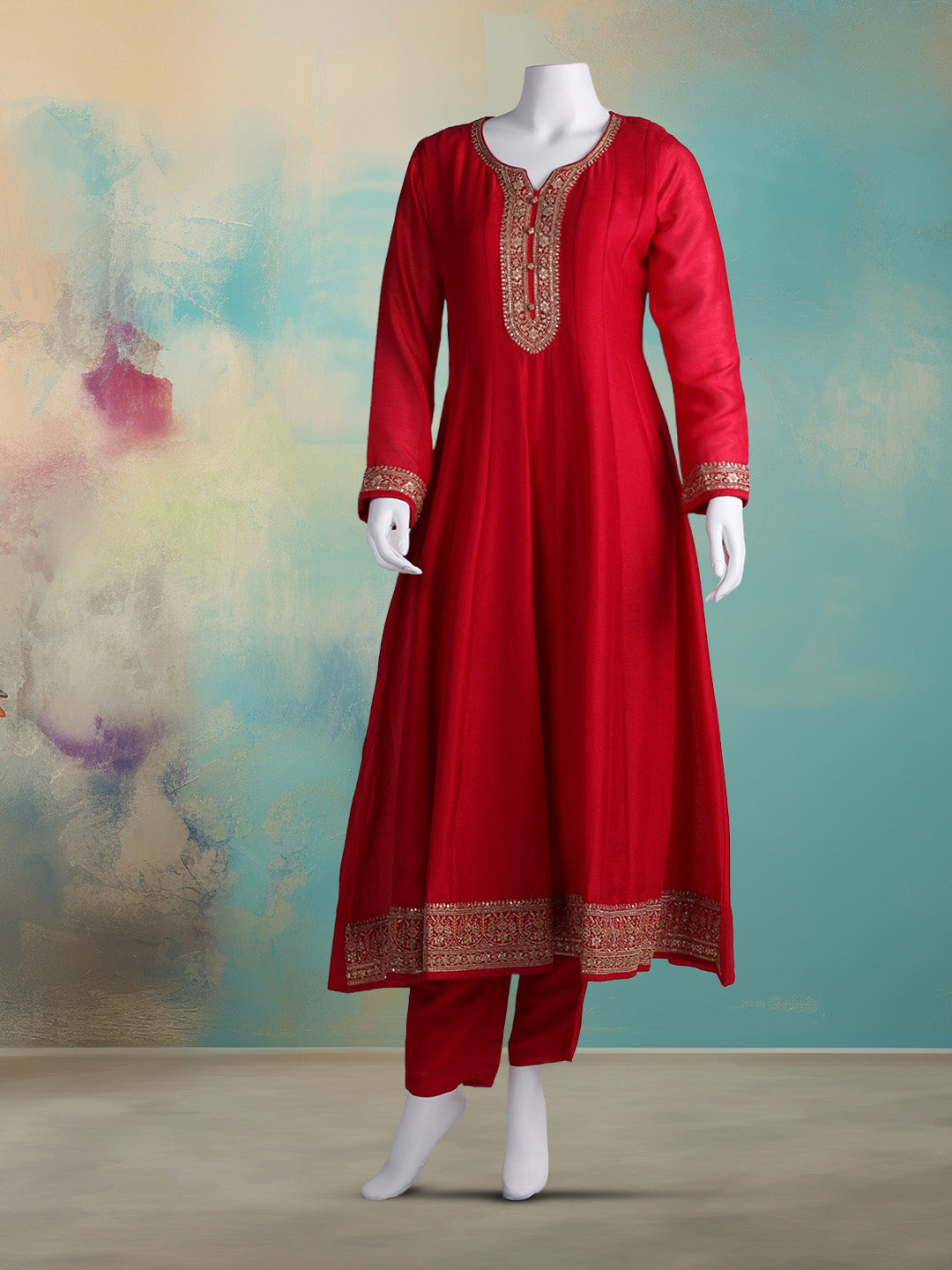 Embroidered Art Silk Kurta With Pant &amp; Dupatta