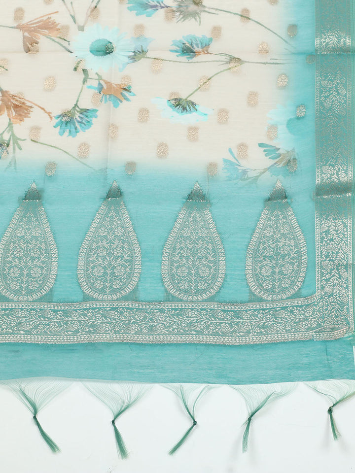 Embroidered Chanderi Unstitched Suit With Pant &amp; Dupatta