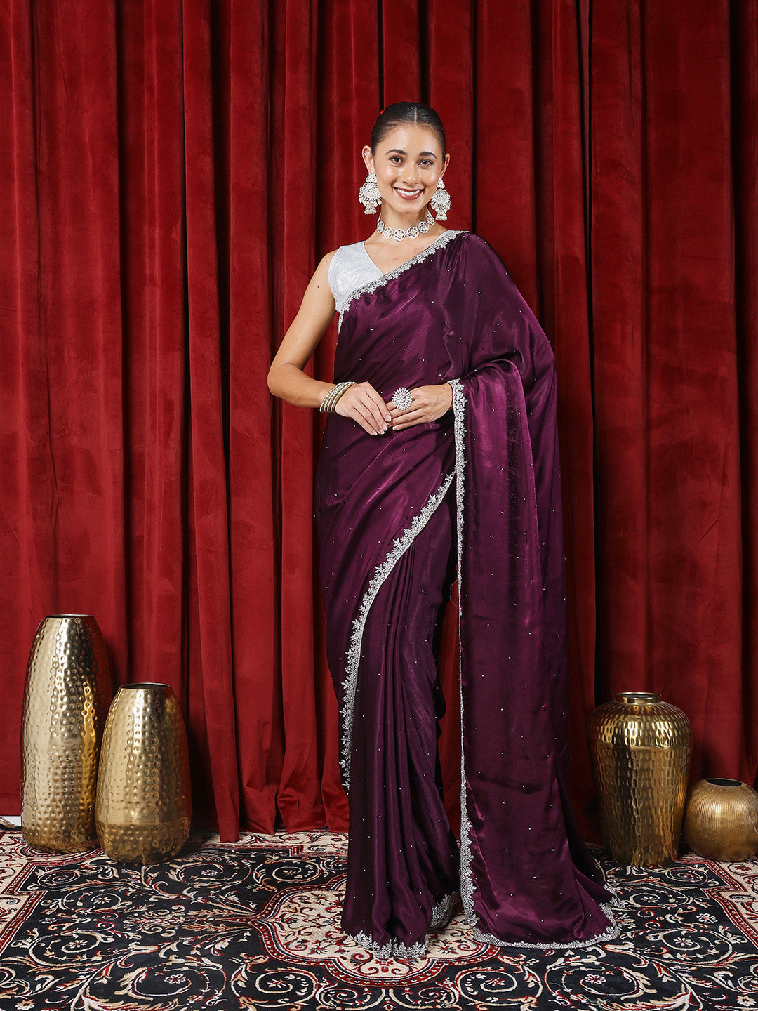 Zari &amp; Sequin Embellished Chinon Saree