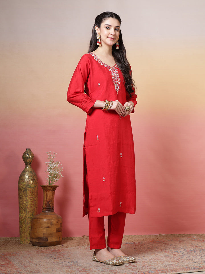 Embroidered Muslin Kurta With Pants &amp; Dupatta