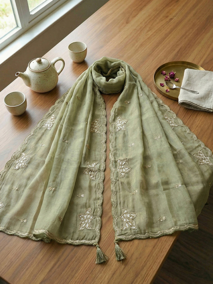 Embroidered Tissue Unstitched Suit With Pant &amp; Dupatta