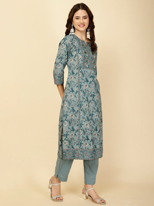 Floral Printed Cotton Straight Kurta With Pants