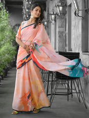 Printed Georgette Readymade Saree With Stitched Blouse