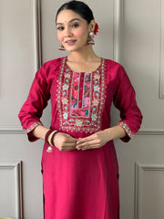 Neck Embroidery Cotton Blend Kurta With Pants & Dupatta