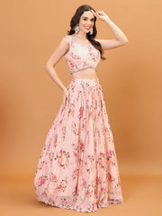 Floral Printed Chinon Choli With Skirt & Dapatta