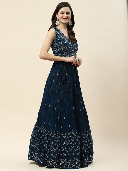 Sequin Embroidery Georgette Kurta With Palazzo & Dupatta