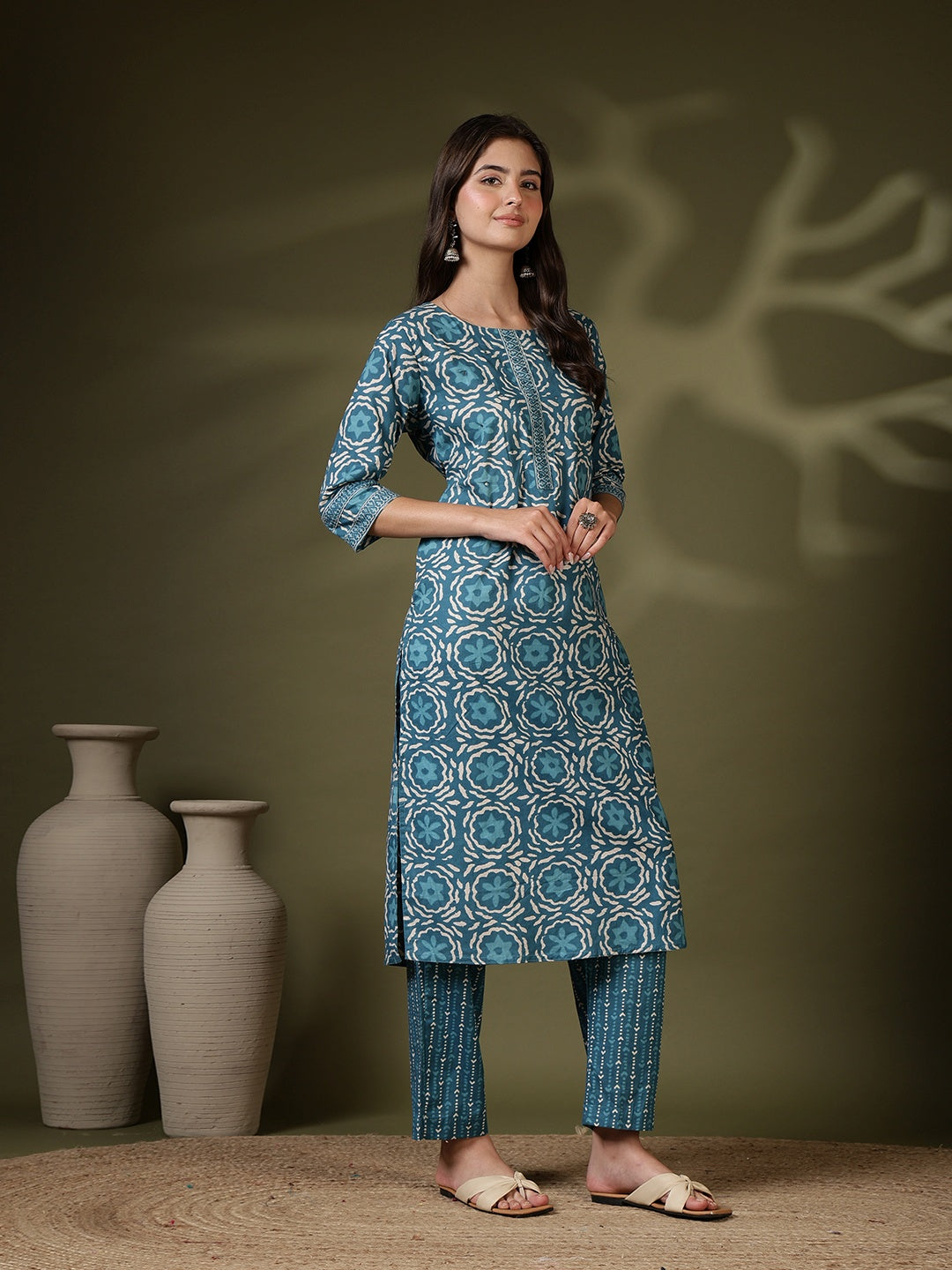 Printed Cotton Blend Kurta With Pant &amp; Dupatta