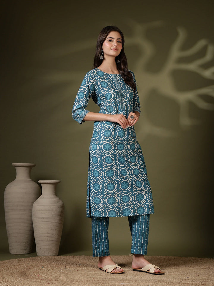Printed Cotton Blend Kurta With Pant &amp; Dupatta
