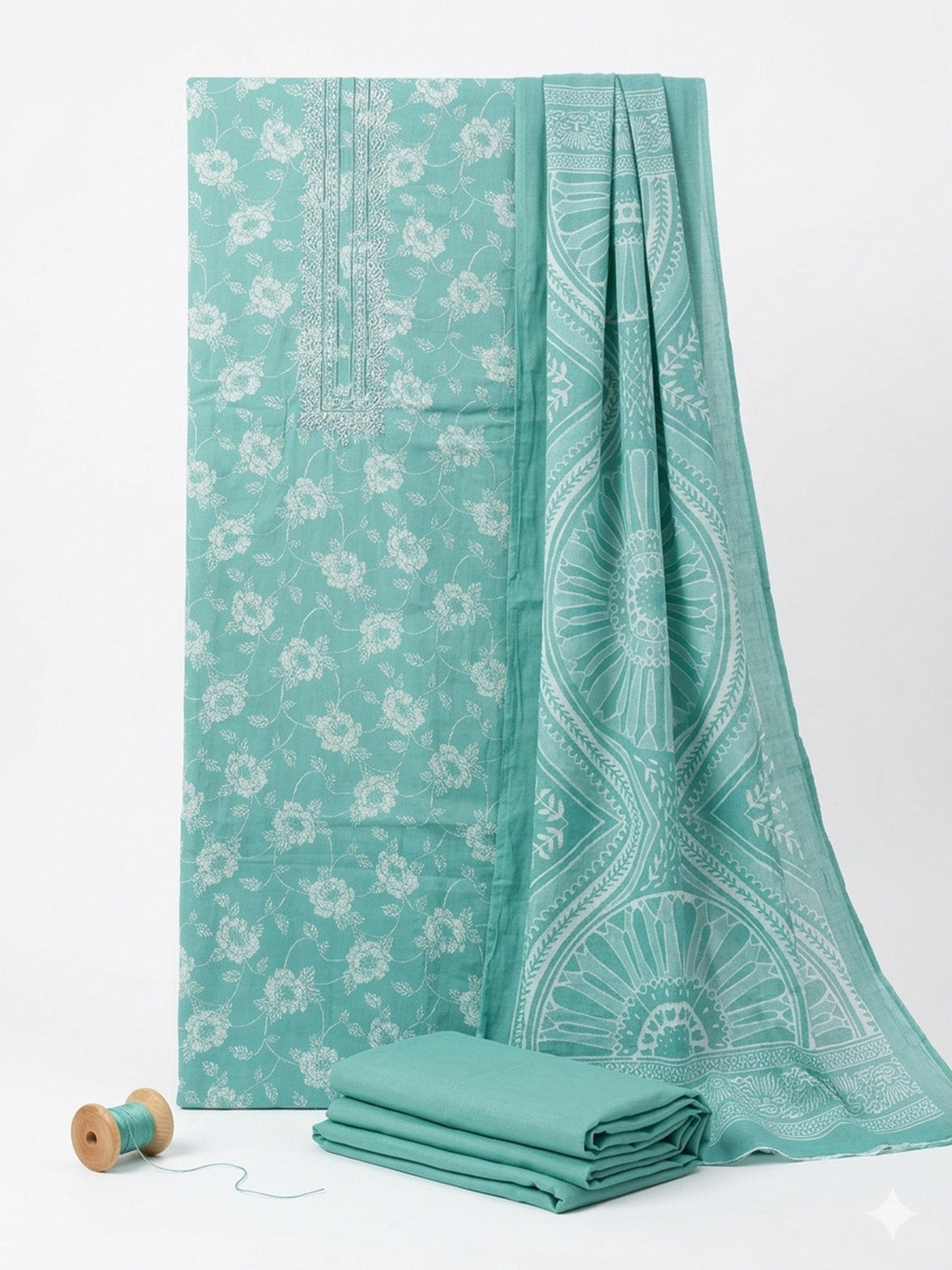 Printed Cotton Blend Unstitched Suit With Pant &amp; Dupatta