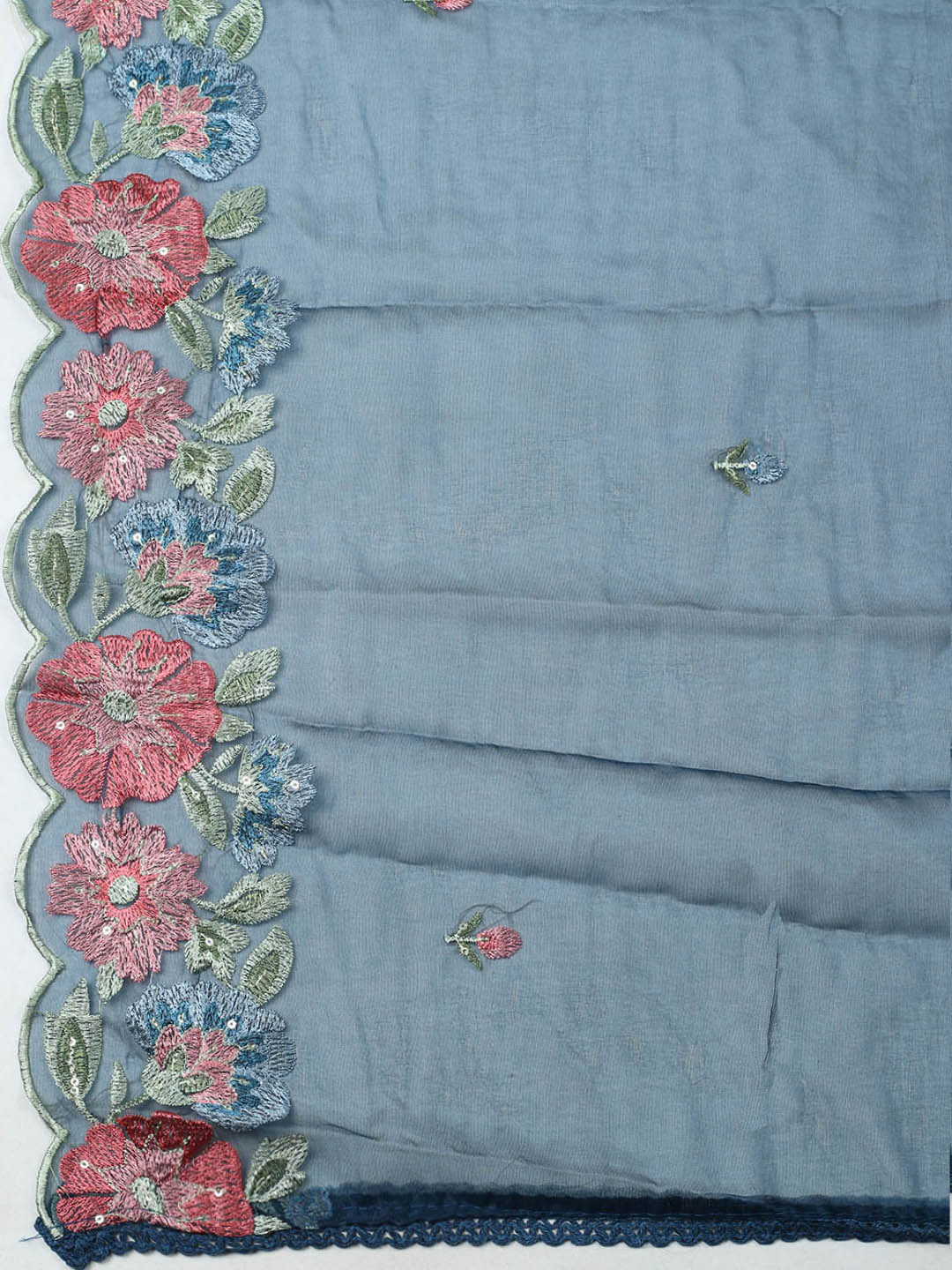 Embroidered Chanderi Unstitched Suit With Pant &amp; Dupatta