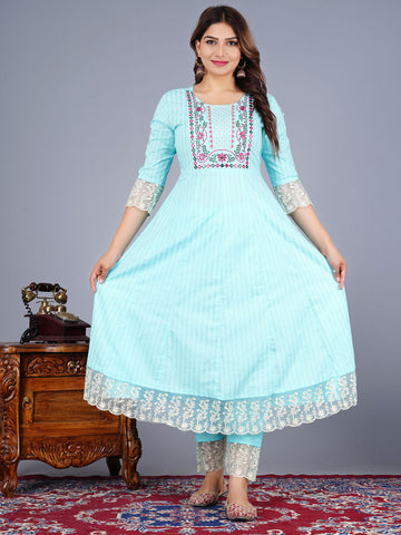 Cotton Anarkali Embroidered Suit Set With Lace