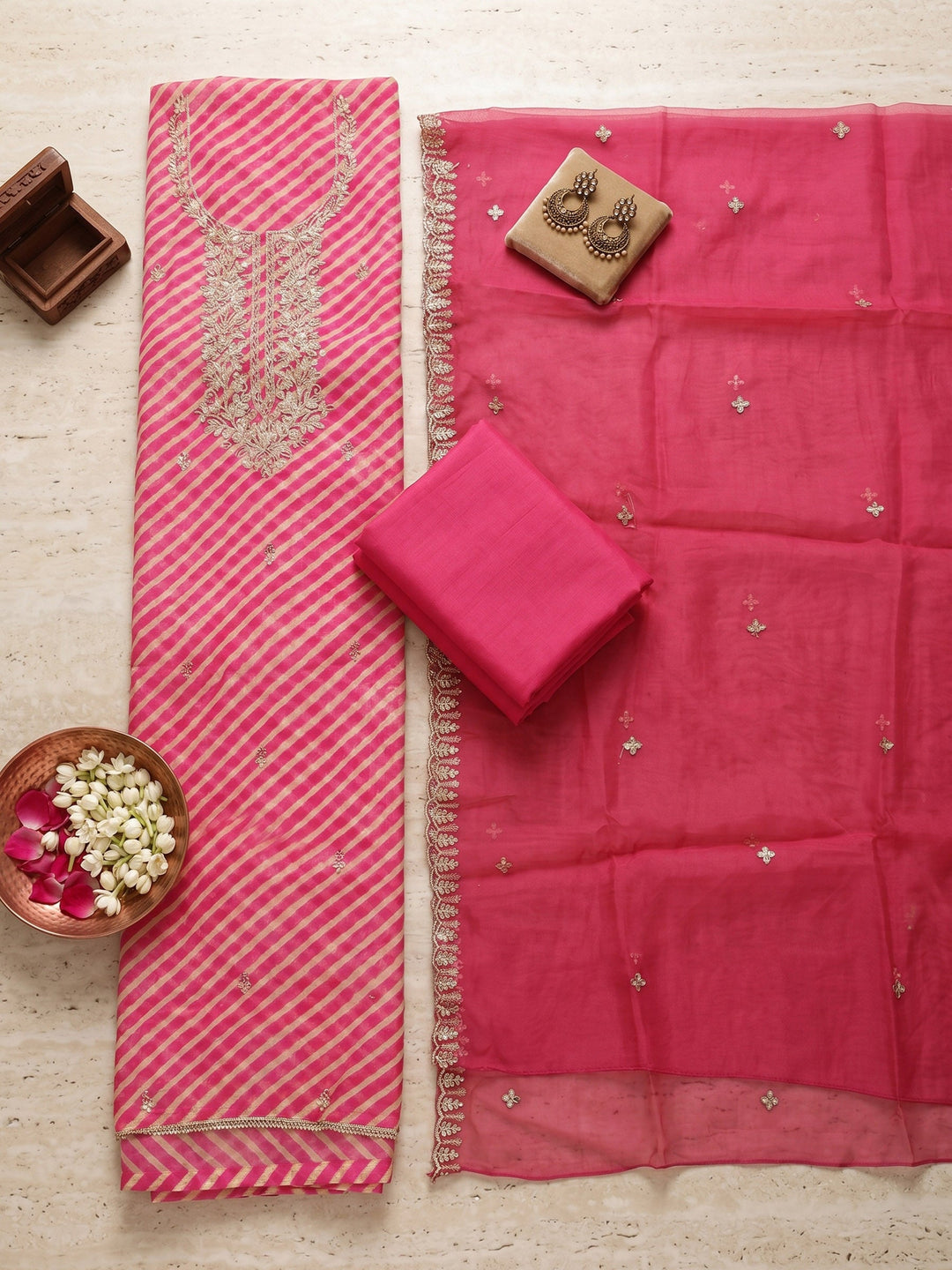 Neck Embroidered Organza Unstitched Suit With Dupatta