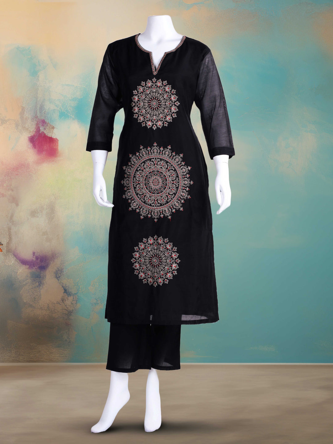Embroidered Chanderi Kurta With Pants &amp; Dupatta