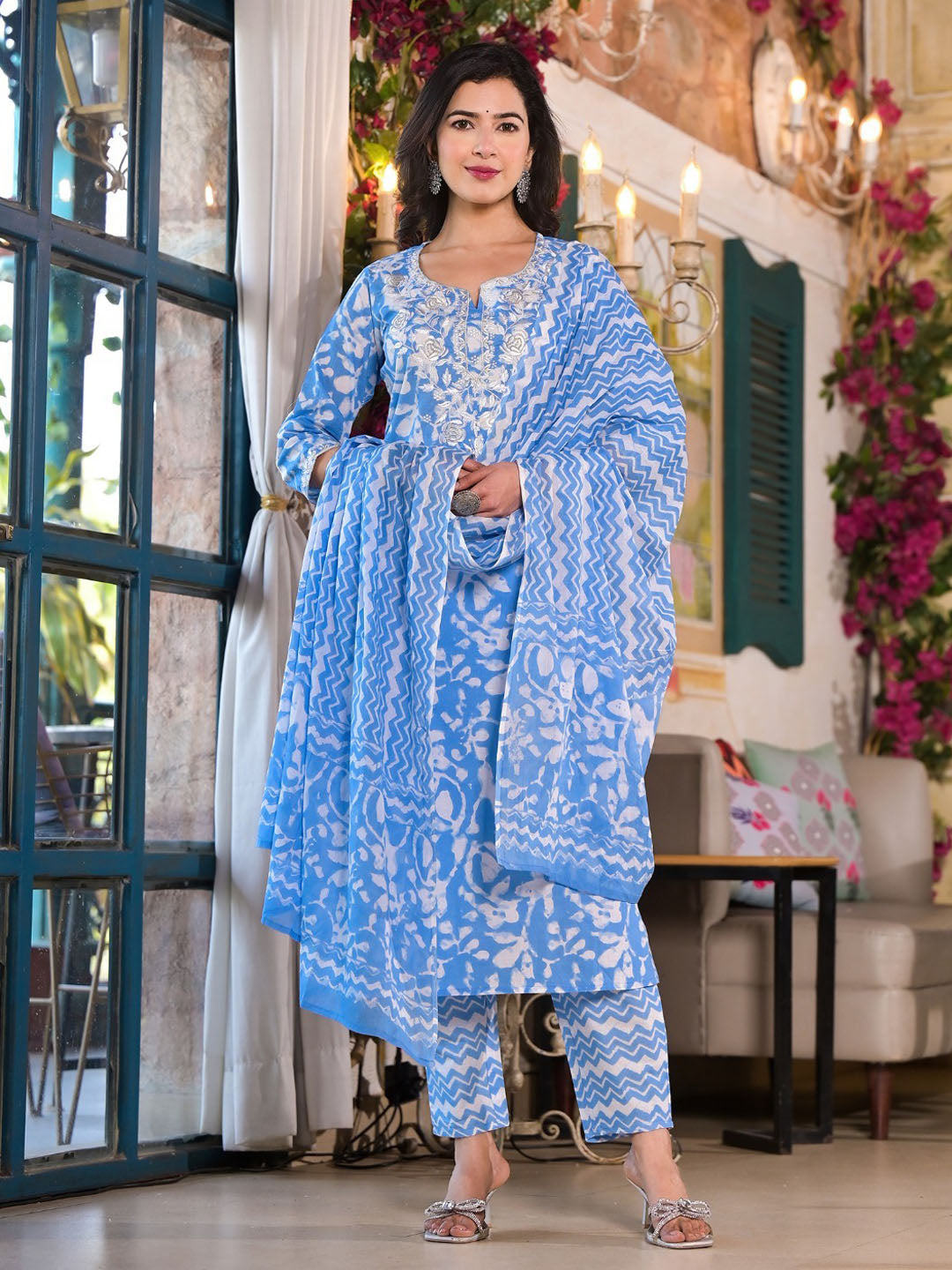 Floral Printed Cotton Kurta With Pants & Dupatta