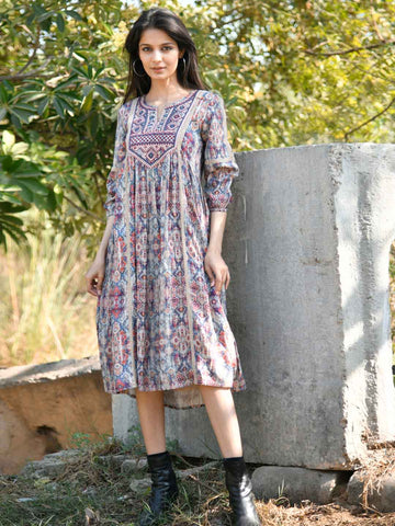 Printed & Neck Embroidered Cotton Dress