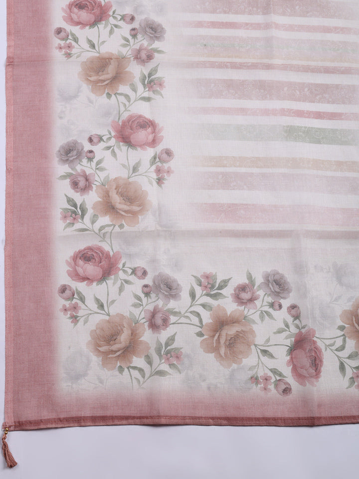 Printed Linen Blend Unstitched Suit With Pant &amp; Dupatta