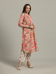 Floral Printed Cotton Blend Anarkali Kurta With Pants & Dupatta