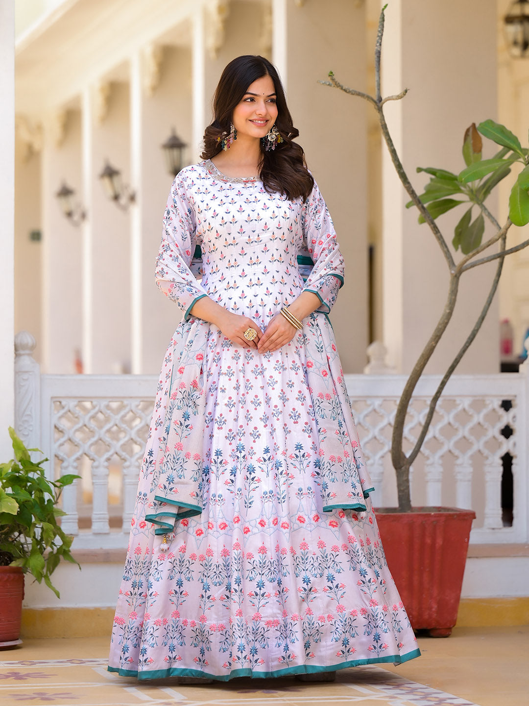 Digital Printed Anarkali Kurta With Churidar &amp; Dupatta