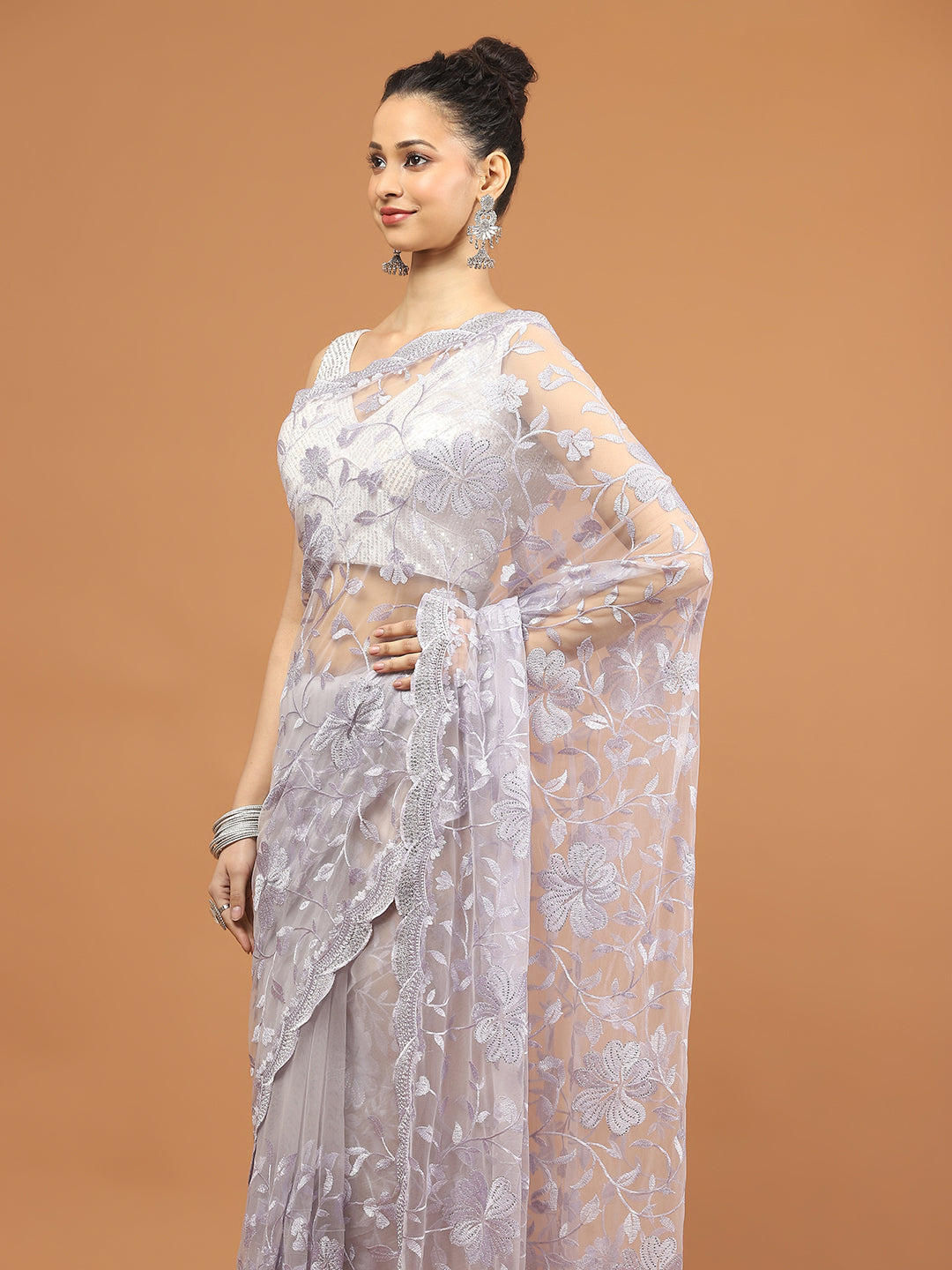 Sequence Embroidery Net Saree