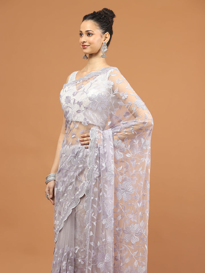 Sequence Embroidery Net Saree