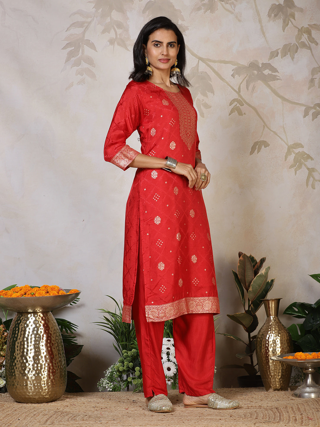 Banarasi Weave Tissue Kurta With Pants &amp; Dupatta