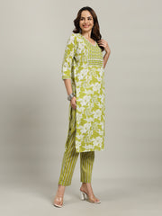 Floral Printed Cotton Blend Kurta With Pants & Dupatta