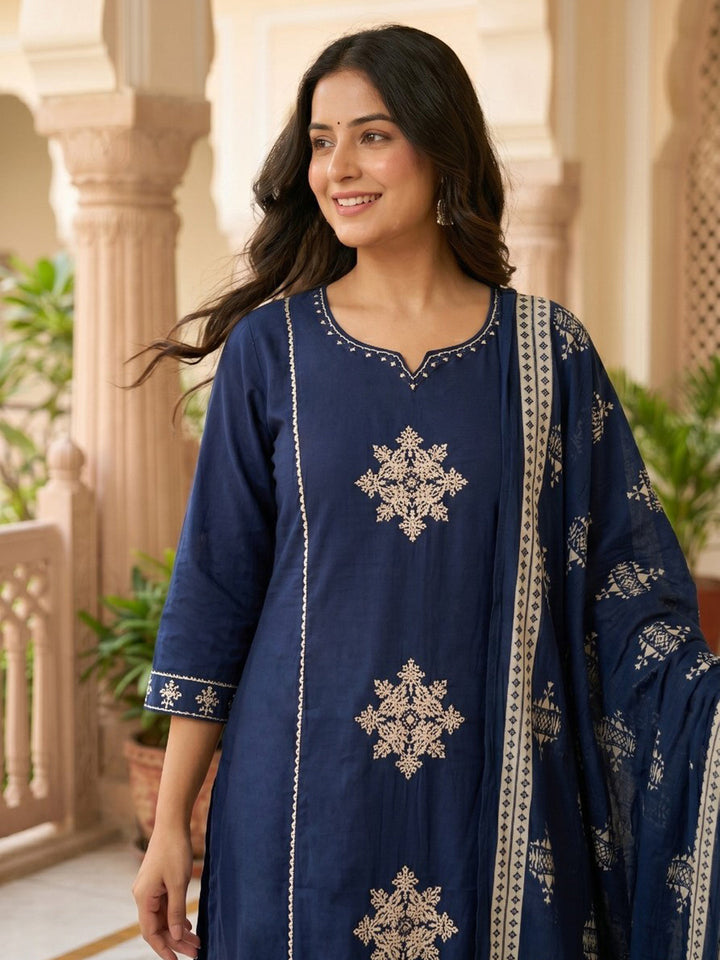 Neck Embroidered Cotton Blend Kurta With Pant &amp; Dupatta