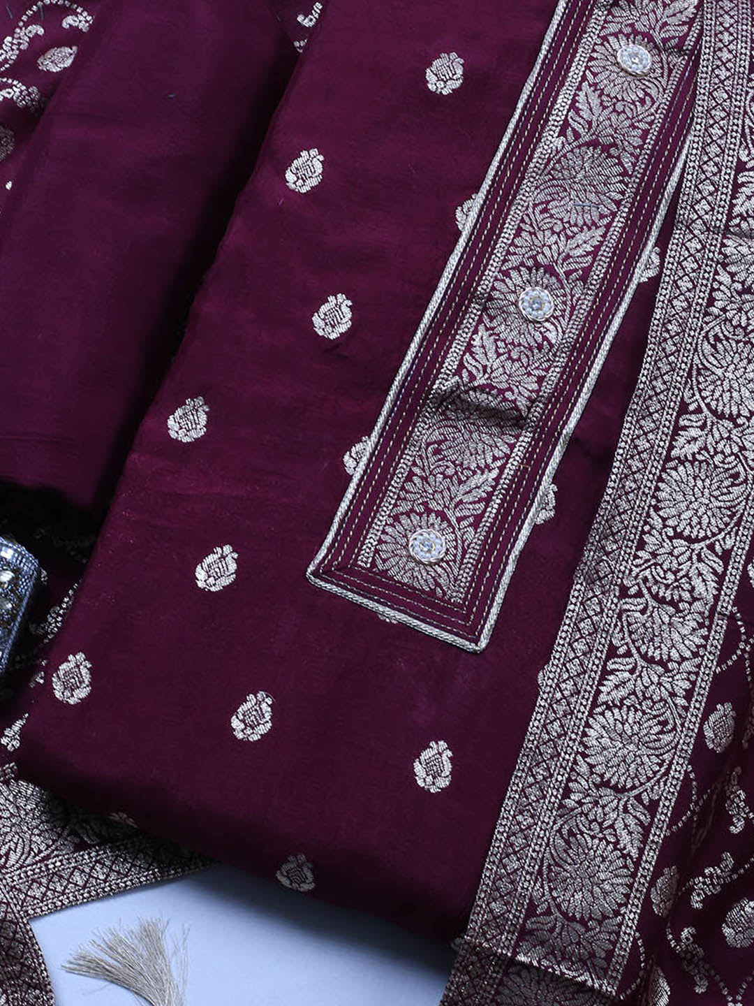 Embroidered Chanderi Unstitched Suit With Pant &amp; Dupatta