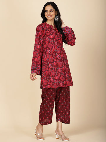 Floral Printed Cotton Kurti With Pants